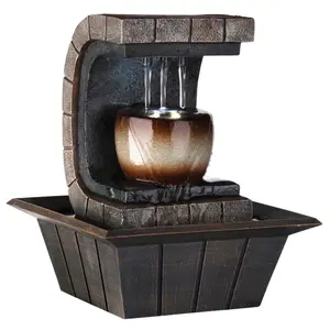 360 Stand 10 in. Medium-Size Contemporary Textured Polyresin Stone Tabletop Water Fountain for Indoor Use, with LED Lights, Water Flow, Brown, Waterfountain
