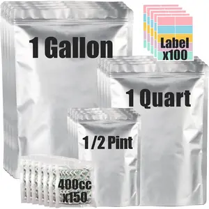 100 count Mylar Bags for  Storage with 150x400cc  Absorbers & Labels, 10 Mil Thick 3 Sizes (1 Gallon, 1 Quart, 1/2 Pint) - Stand-Up, Resealable & Heat Sealable for Long Term  Storage