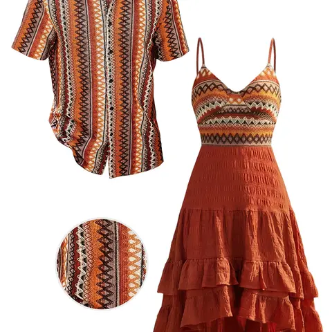 DRESSLILY 2026 Bohemian Couple Outfit Women's Zig Zag Ethnic Print Layered Dress and Men's Short Sleeve Button Up Shirt Matching Set