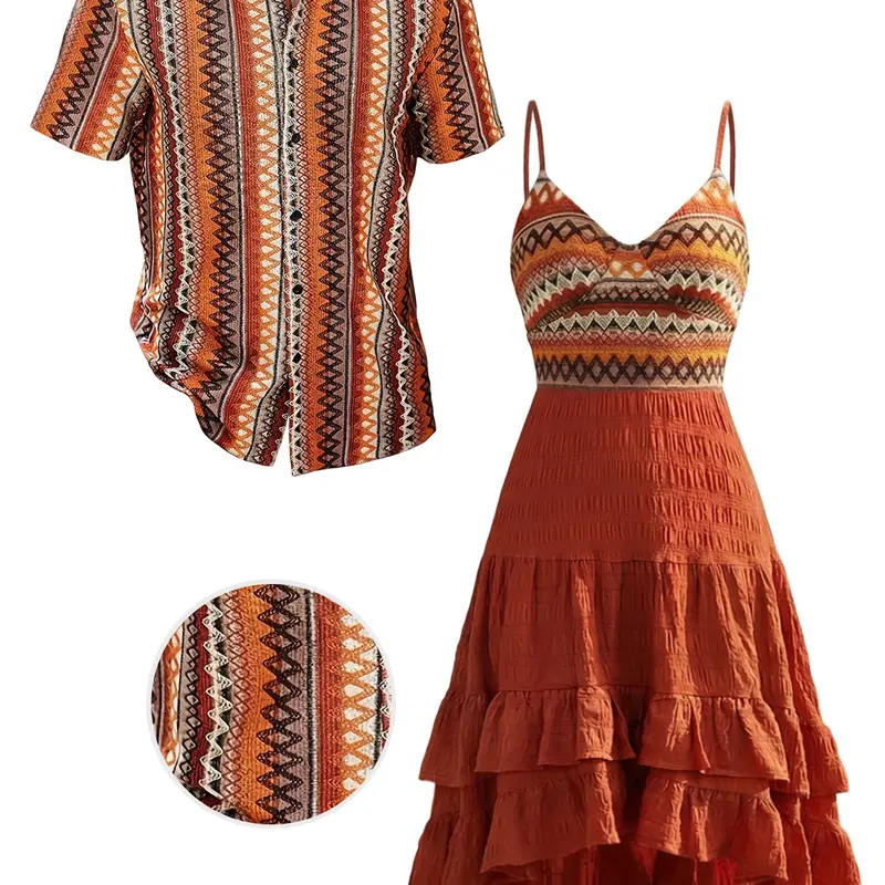 DRESSLILY 2026 Bohemian Couple Outfit Women's Zig Zag Ethnic Print Layered Dress and Men's Short Sleeve Button Up Shirt Matching Set