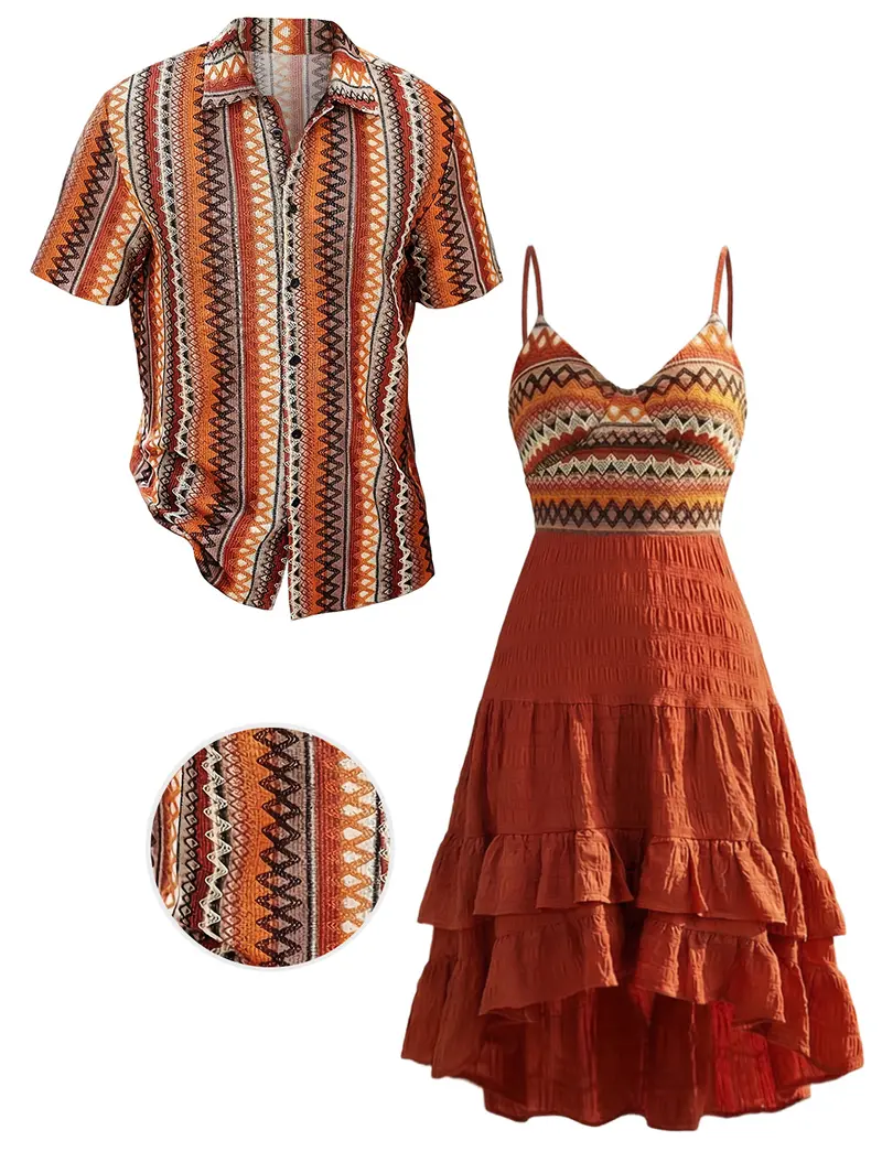 DRESSLILY 2026 Bohemian Couple Outfit Women's Zig Zag Ethnic Print Layered Dress and Men's Short Sleeve Button Up Shirt Matching Set