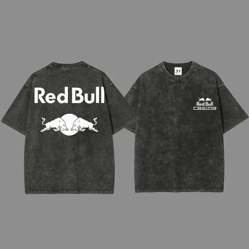 Blank Graphic Studio Red Bull Racing F1 Team Logo Washed & Classic Graphic T-Shirt, Motorsport Enthusiast Short Sleeve, Casual Streetwear Tee, Unisex Cotton Top, Black  & White & Vintage Washed Styles