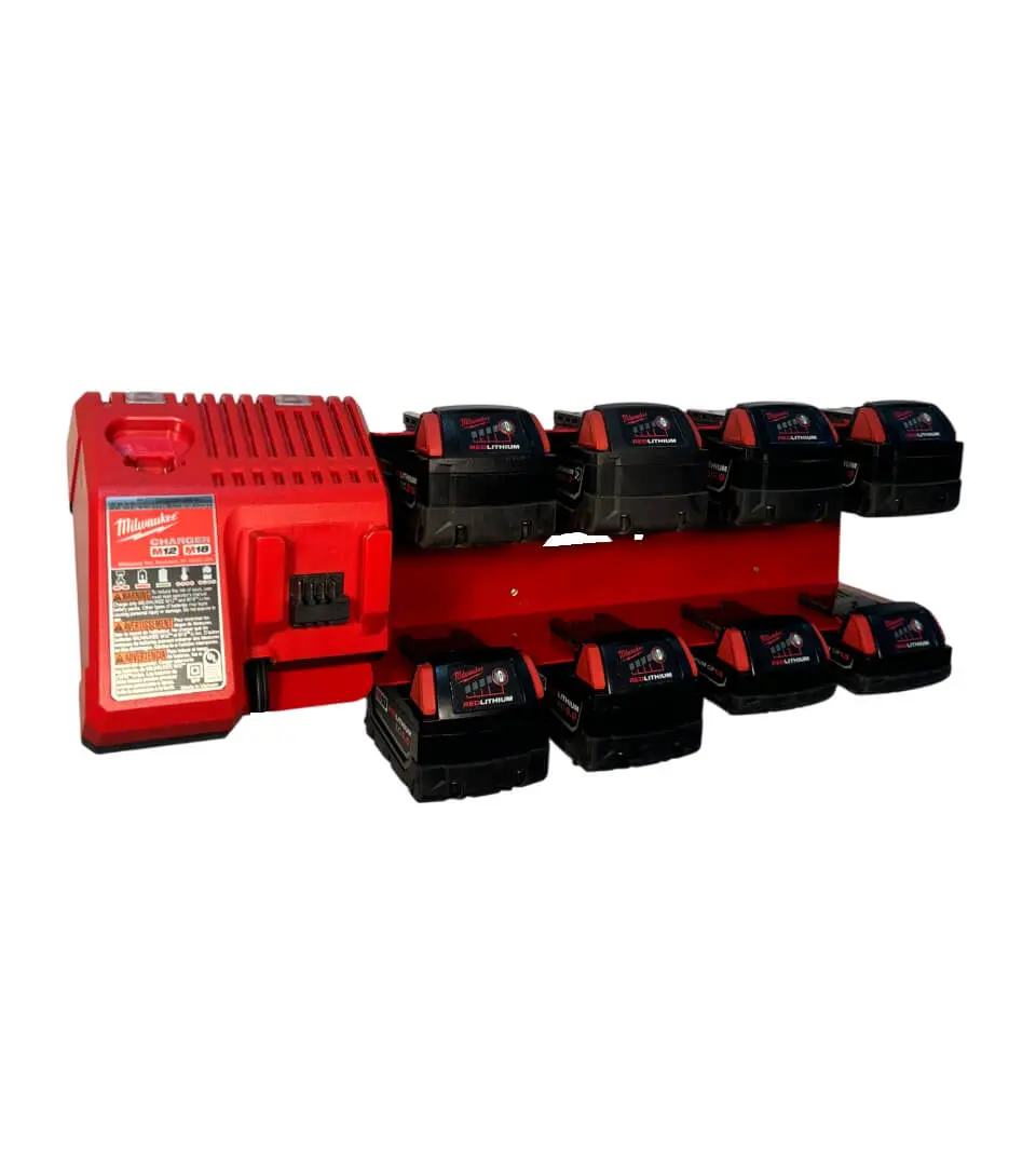 Locking Battery Charging Station - Compatible with Milwaukee 18v Battery - Holds 8 Batteries, Rust-Free Gloss Red Powder Coat, Durable Steel, 22x5 Inches, Includes Mounting Hardware