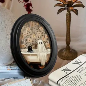 1pc Ghost and Black Cat's Wonderful Night in The Bathtub - Vintage Style Character Wall Decor - Wooden Decorative Sign (5*7 Inches), Oval Rectangle Art Room Decor Photo Frame, Perfect Gift for Halloween, Christmas and Thanksgiving