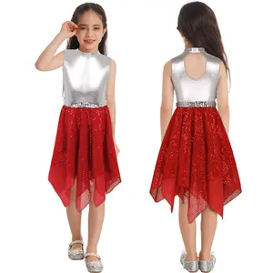 Kids Girls Sleeveless Hollow Back Metallic Sequins A-line Lyrical Dance Dress