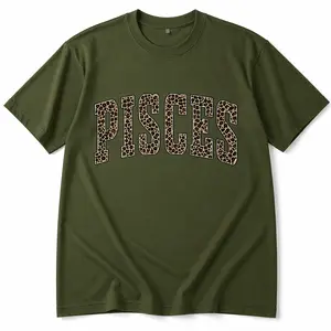 Vintage Pisces Zodiac T-Shirt for Women Men Olive Green Graphic Tee with Leopard Print Letters Astrology Sign Shirt Aesthetic Casual Streetwear Gift for Birthday Horoscope Lovers Trendy Looks