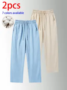 2-pack men’s pure cotton long pants: loose straight casual pants and sweatpants, featuring a drawstring waistband design. Available in multiple colors. Suitable for home lounging, daily commuting, outdoor walks, short trips, camping, and other casual acti