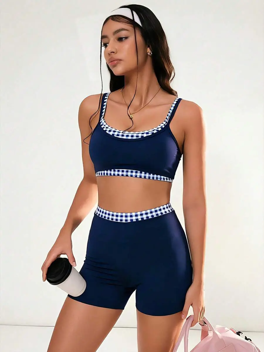 SLAYAURA Navy Blue And White Gingham Plaid Patchwork Women's 2 Piece Short Sets, Summer Yoga Pilates Camisole And High Rise Biker Shorts Set