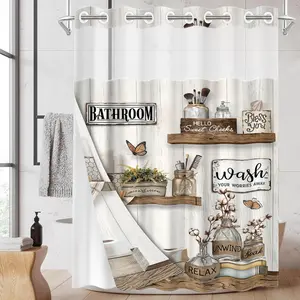 1PC 2D Flat Country Style Bathroom Shelf Shower Curtain, Retro Wood Plank Slogan Design, Farmhouse Style Bathroom Partition, Waterproof Detachable Liner Bathroom Curtain, Bathroom Accessories (No Hooks)