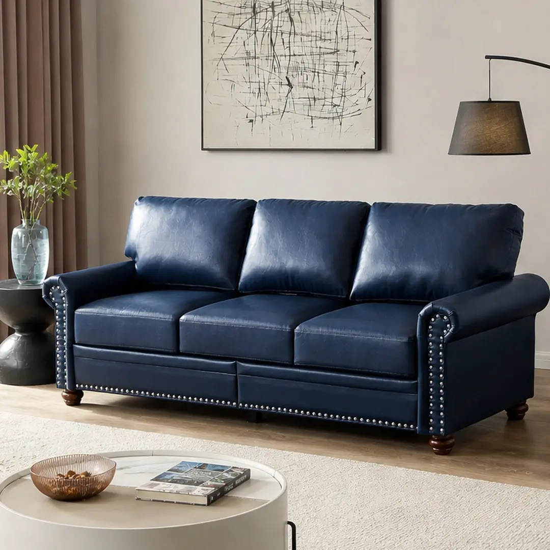 Sturdy 3-Seat PU Leather Living Room Sofa, Navy Blue with Silver Nailhead Trim (Elegant Details), Solid Wood-Metal Frame, High Elastic Foam Cushions, Storage Boxes, Easy Assembly (Assembly Required), Over 900 lbs Capacity, 31.89" W x 82.68" D x 34.50" H