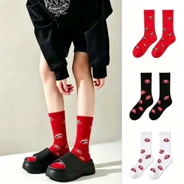 Unisex Lips Graphic Crew Socks Black/White/Red Menswear