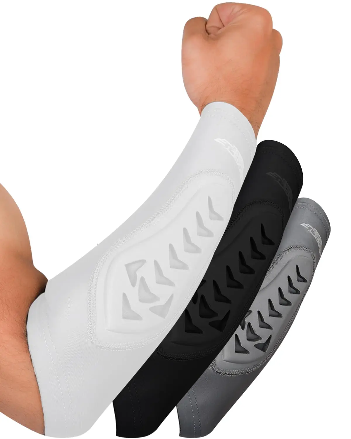 Exxact Sports Silicone Padded Forearm Compression Sleeve - Men's Performance Cut, EVA Foam, Silicone Ends (Elastic at Both Ends), 4-Way Stretch Spandex, Secure Grip, Breathable, Adjustable, Even Impact Distribution, for Football/Baseball (White), All Arm,
