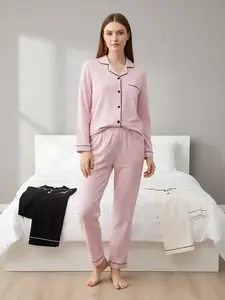 Women's Heart Embroidered Cardigan Set, Long Sleeve Elastic Waist Pants, Casual Comfortable Sleepwear, Loungewear, Spring & Fall Home Wear