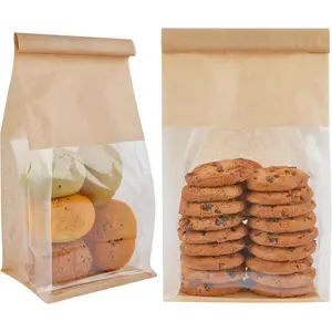 50 count Bakery Bags with Window, Resealable Tin Tie Tab Lock Bread Storage Bag, Clear Front Snack Bags for Packaging Cookies, Loaf, Popcorn, Paper  Bags