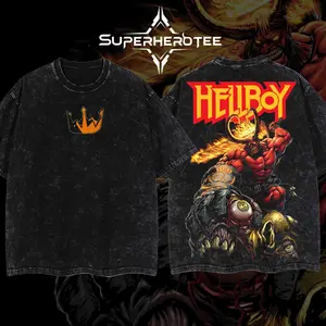 [ superhero tee ] Hellboy 3v Limited Edition Gotham Vigilante Vintage Washed Tee |  Superhero Graphic T-shirt, Double-Sided Print, Retro Acid Wash Cotton Streetwear for Comic Fans & Superhero Lovers