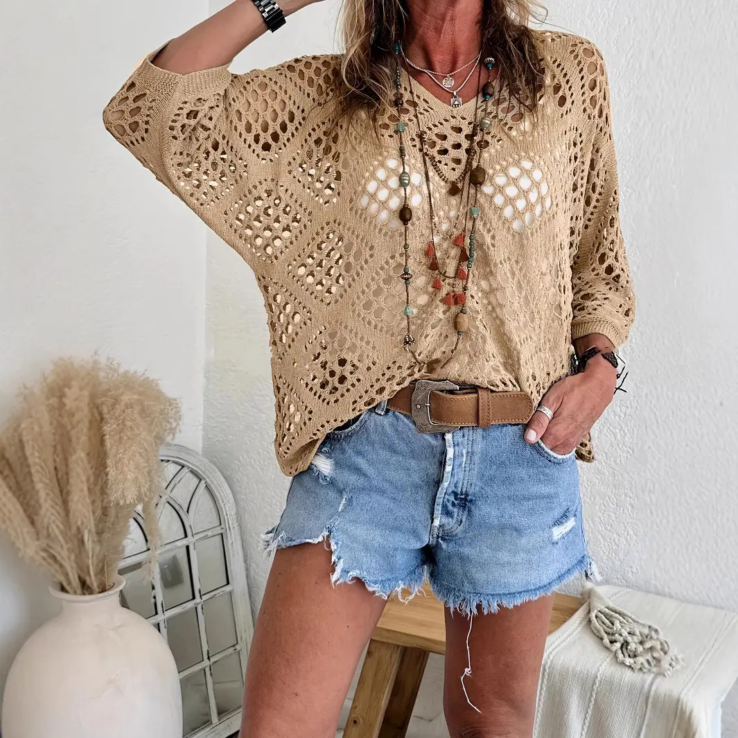 Women's Boho Polyester Non-Stretch Loose Knit Lightweight Pullover - Solid Crochet V-Neck Batwing Sleeve Summer Vacation Top, Loose Pullover, Fabric, Loose-Fitting