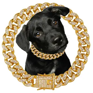 Cuban Style Dog Collar with Diamond Accents, Durable Metal Chain with Safety Clip, Suitable for Small Medium Large Dogs and Cats