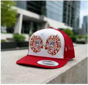 “Flaming USA Skull Trucker Hat – Twin Flame Skeleton Embroidered Snapback Cap, Black White Mesh Streetwear Y2K Unisex Hat”