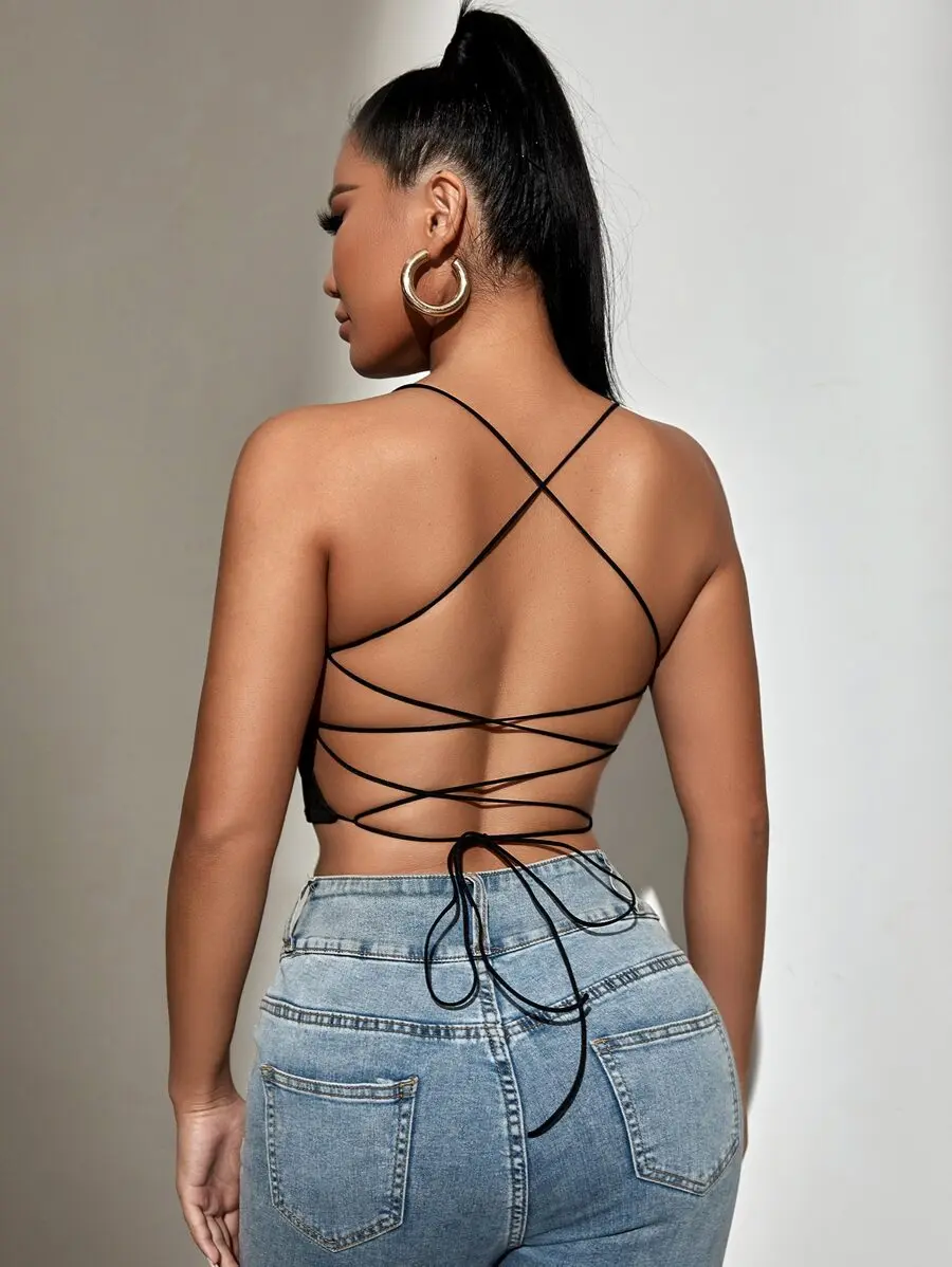 Women's Backless Lace-Up Crop Cami Top – Sexy Sleeveless Summer