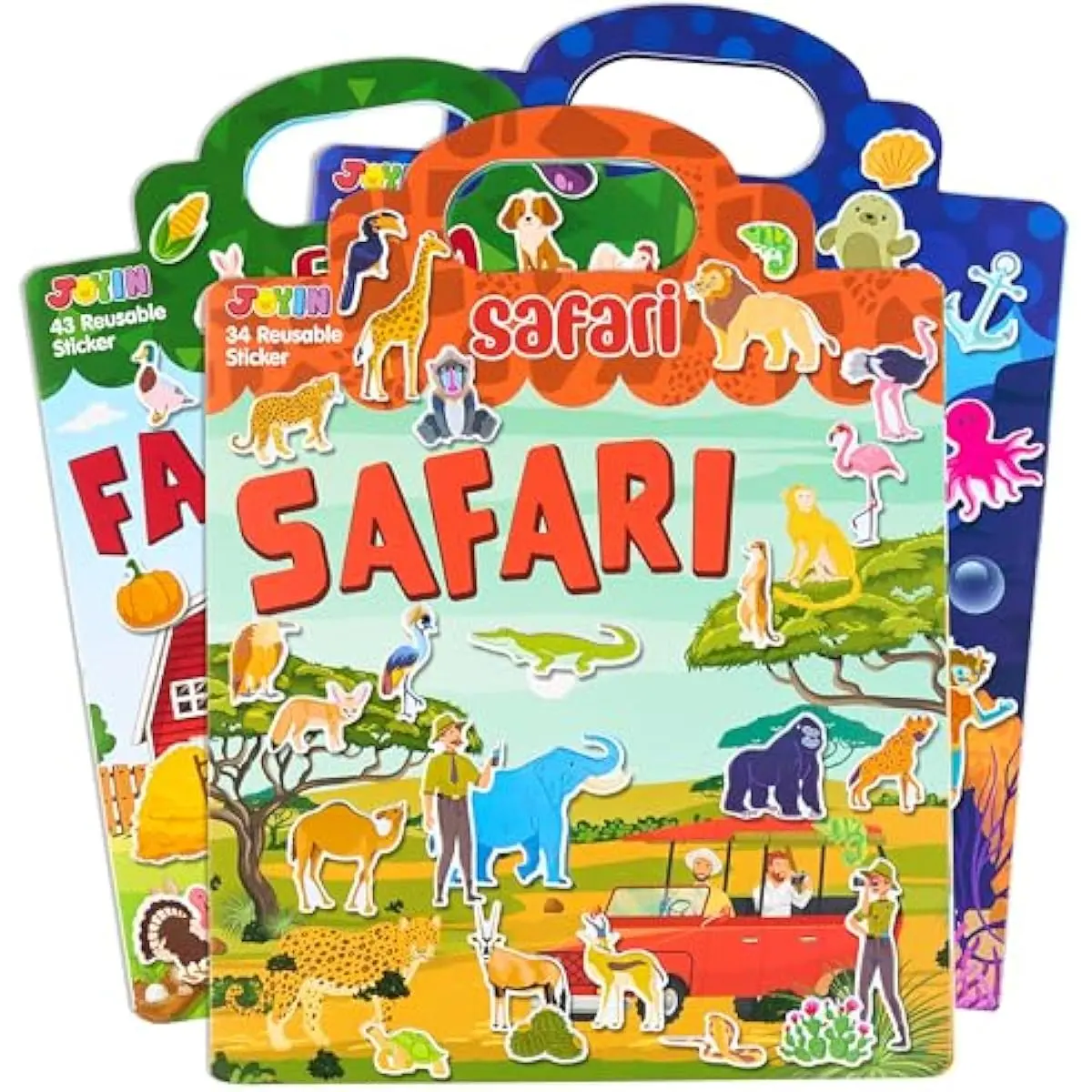 3 Sets Animal Reusable Sticker Book for Toddlers, 3D Sticker Book for Kids 3 4 5, Travel Essentials, Airplane Activity Toys, Crafts Gifts, Birthday Gifts - Farm, Ocean, Safari