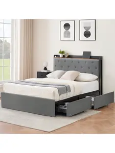 【Christmas Gift】Grey Double bed  Bed Frame With 4 Storage Drawers And Charging Station, Velvet Upholstered Platform Bed Frame With Storage Headboard, Sturdy, Noiseless, No Box Spring Needed, Easy Assembly, Grey