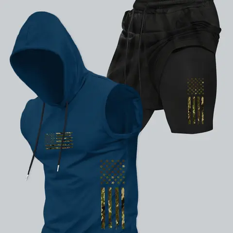 Men's Casual Graphic Hooded Vest and Shorts Set, Summer Fitted Stylish, Moderate Thickness Knit Fabric for Comfort, Outfit
