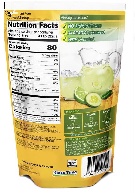 Klass Aguas Frescas Cucumber Limeade with Vitamin C Multiserve Powdered Drink Mix 14.1oz No Artificial Flavors