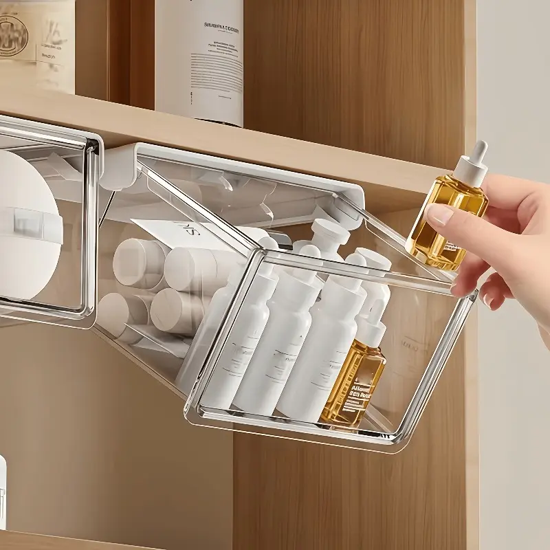 Acrylic cosmetic storage box, expandable, wall-mounted, no-drill. Minimalist bathroom cabinet for pads, lipstick, swabs. Hidden pull-out drawer shelf. Organizes vanity