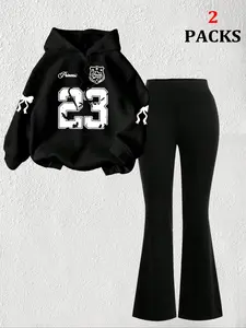 Women's Warm Hoodie Set, Loose Fit Comfortable Flared Bell Bottom Pants, Casual Letter Bow Print, Kangaroo Pocket Daily Wear