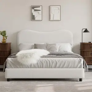 Garvee Boucle Headboard Bed Frame, Full Size Velvet Upholstered Bed, Low Profile Design, Wood Slat Support, Easy Assembly (White, Full)