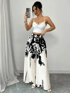 Women's Casual Wide-Leg Pants, Vibrant Floral Pattern Design, Nine-Quarter Length, All-Season Wear, Fitted Elastic Waist, Print