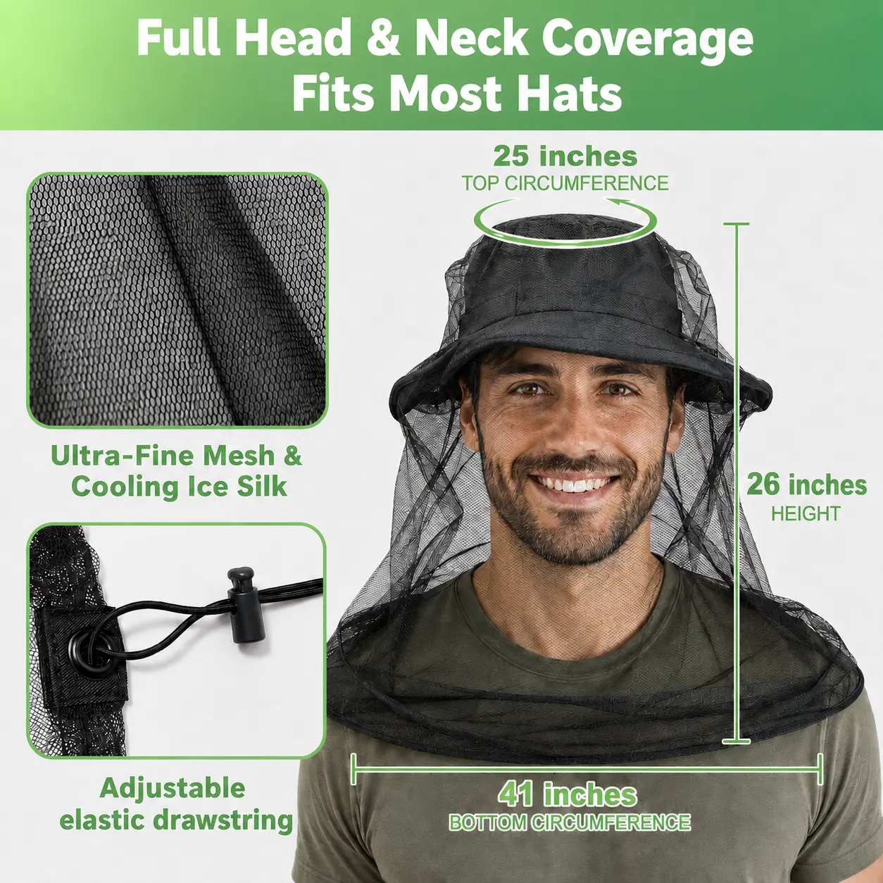 Mosquito Head Net for Insects, 2 Pack,, Fine Mesh Bug Net Fits Over Hats for Men & Women, Lightweight Insect Protection for Camping, Fishing, Hiking & Outdoor Use