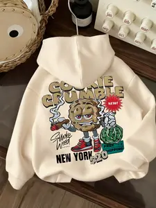 Men's Cartoon Cookie Print Hoodie, Casual Style, Trendy Fashion, Fall & Winter Fleece Lined Loose Fit Pullover