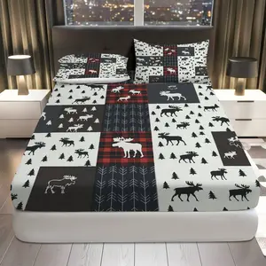 3Pcs Moose Plaid Forest Fitted Sheet Three Piece Set (1*Fitted Sheet+2*Pillowcases, Coreless), Winter theme, Rustic Cabin Bedding Set, Mattress protector Soft, Breathable