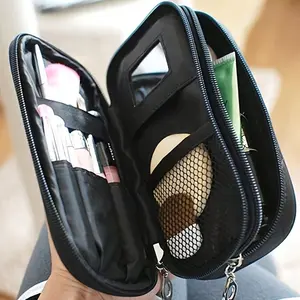 Mini Makeup Bag Portable Cosmetic Organizer, Dual-Layer Large Capacity with Mirror and Brush Holder, Compact Diamond Pattern Design, Travel Essentials, Travel Cosmetic Bags