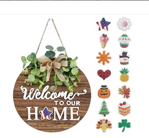 Interchangeable Seasonal Welcome Sign Front Door Decoration, Rustic Round Wood Wreaths Wall Hanging Outdoor, Farmhouse, Porch, for Spring Summer Fall All Seasons Holiday Halloween Christmas.