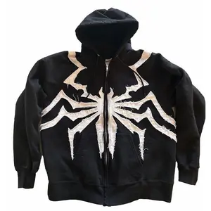 American Gothic Spider Patch Cloth Embroidered Hoodie Y2K Zipper Design High Street Loose Men's and Women's Sweatshirt - Tops & Menswear Baggy Casual Long Sleeve Streetwear Pullover Black Unisex Outfits Stylish