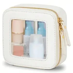 Mini Makeup Bag for Women, Waterproof Travel Toiletry Bag, Transparent Console Organizer, Zipper, Cute Leather Cosmetic Pouch, Vanity Bag Organizer, Makeup Storage Bag