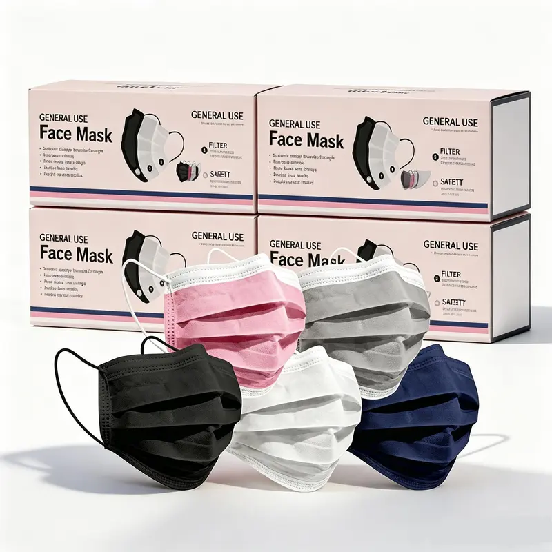 Disposable Adult 3-Layer Protective Face Masks, 5 Stylish Colors, Multiple Packs (50/100/200 Individually Wrapped), Non-Woven Melt-Blown Particle Filter, Breathable Lightweight Retail PPE, Daily Protection, Universal Adult Use, Outdoor Lawn Work