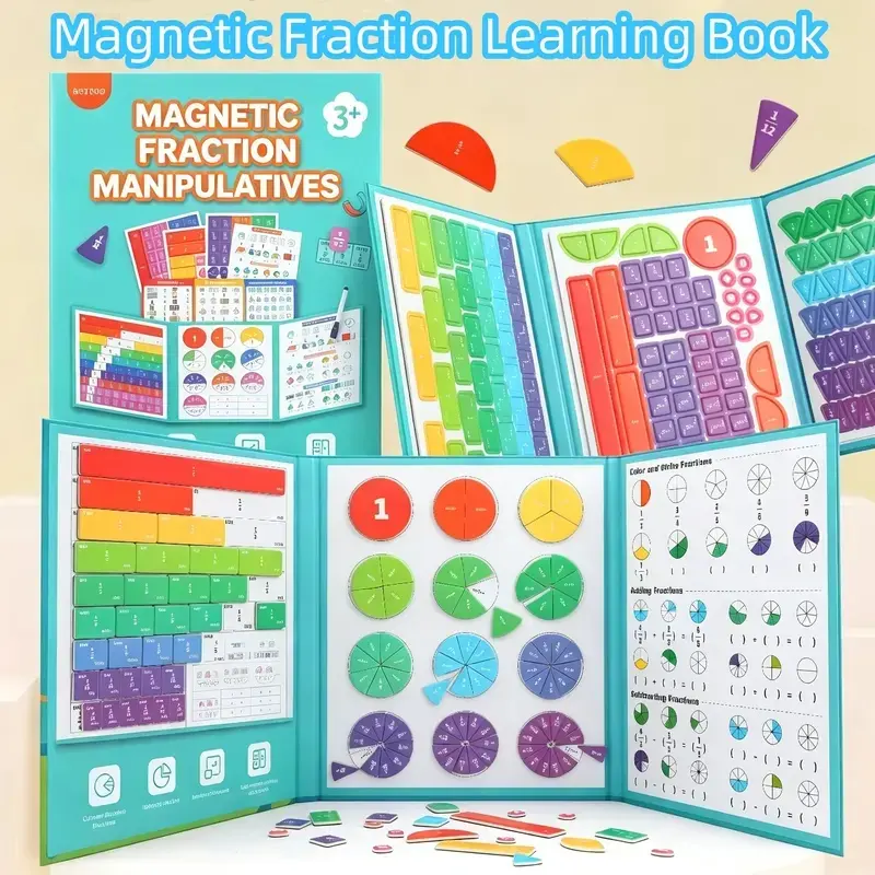 Magnetic Math Fraction Interactive Book - School Educational Learning Tool with Block Graphs, Visual Charts, Erasable Equations