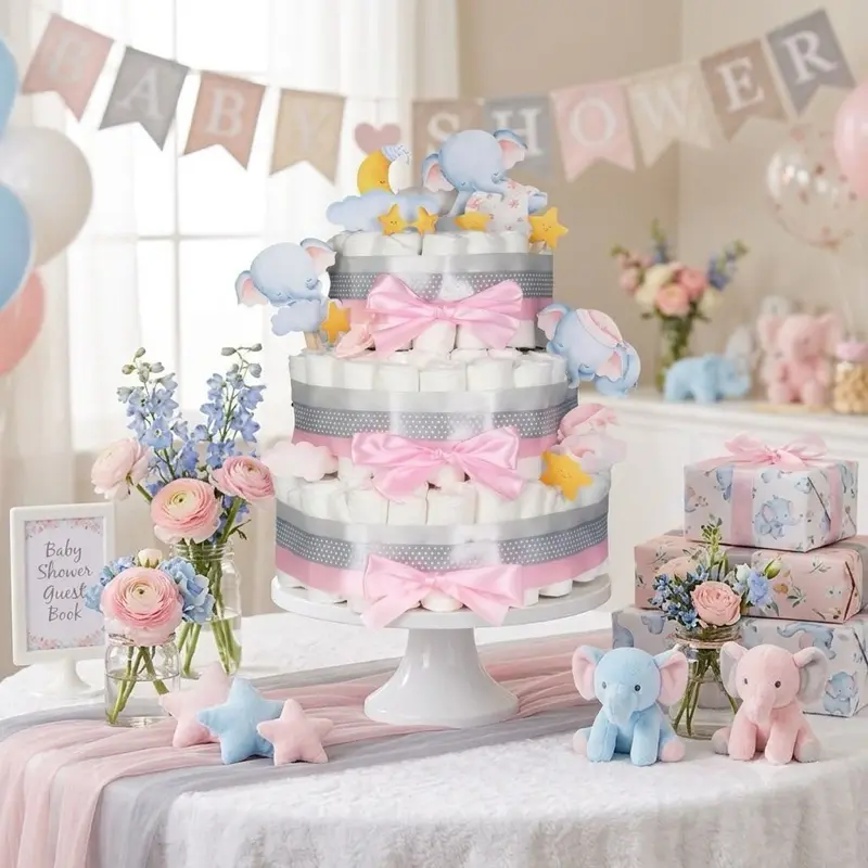 Elephant Theme Wood Sleeping Elephants Diaper Cake Kit Set - Size 2 Diapers, Polka Dot Centerpiece Display Decoration with Sleeping Elephants Diaper Cake Kit – Dreamy Nursery Baby Shower Centerpiece & Gift | Make-Your-Own 3-Tier, Gender Neutral, Reusable