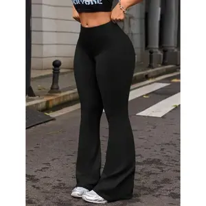 Women's High Waist Solid Color Bell Bottom Sports Yoga Pants Compression Tights Running Workout Bottoms