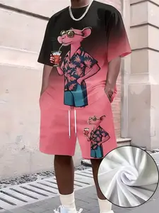 Men's Gradient Naughty Leopard Pattern Short Sleeve T-Shirt Set, Casual Summer, Loose Fit, 2 Piece Set, Party Wear