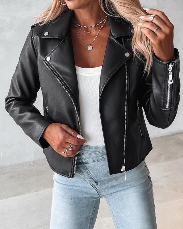 ChicMe Women's PU Leather Notched Collar Long Sleeve Zip Up Biker Jacket Casual Crop Coat