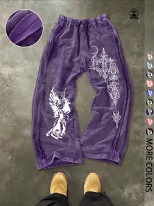 Gothic Angel & Rune Print Streetwear Menswear Cotton Sweatpants, Unisex Fitted Knit Pants, Washed Cotton Fabric, Casual Y2K Fashion, Men's Gift