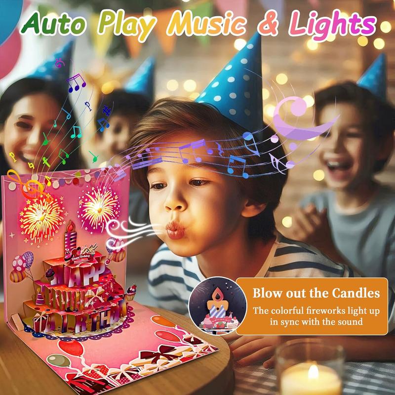 Cake Fireworks LED Candle Lights, 3D Birthday Card with Music and Colorful Lights, Musical Happy Pop-Up Birthday Card, Musical Birthday Gift Card for Kids, Wife, Husband, Grandpa, Grandma, Daughter, Son - Pink, Birthday Gift