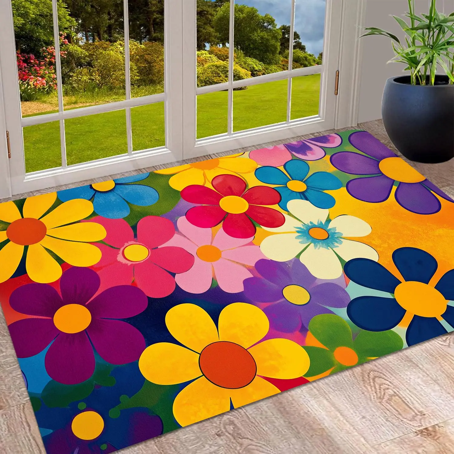 Colorful Flower Pattern Floor Mat, 1 Count Entrance Door Mat, Boho Floral Rug, Decorative Carpet for Home Living Room Bedroom Dining Room Bathroom, Fl