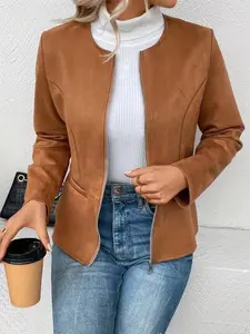 Women's Solid Color Zip Up Coats, Casual Long Sleeve Round Neck Jacket for Spring & Fall, Ladies Clothes for Daily Wear