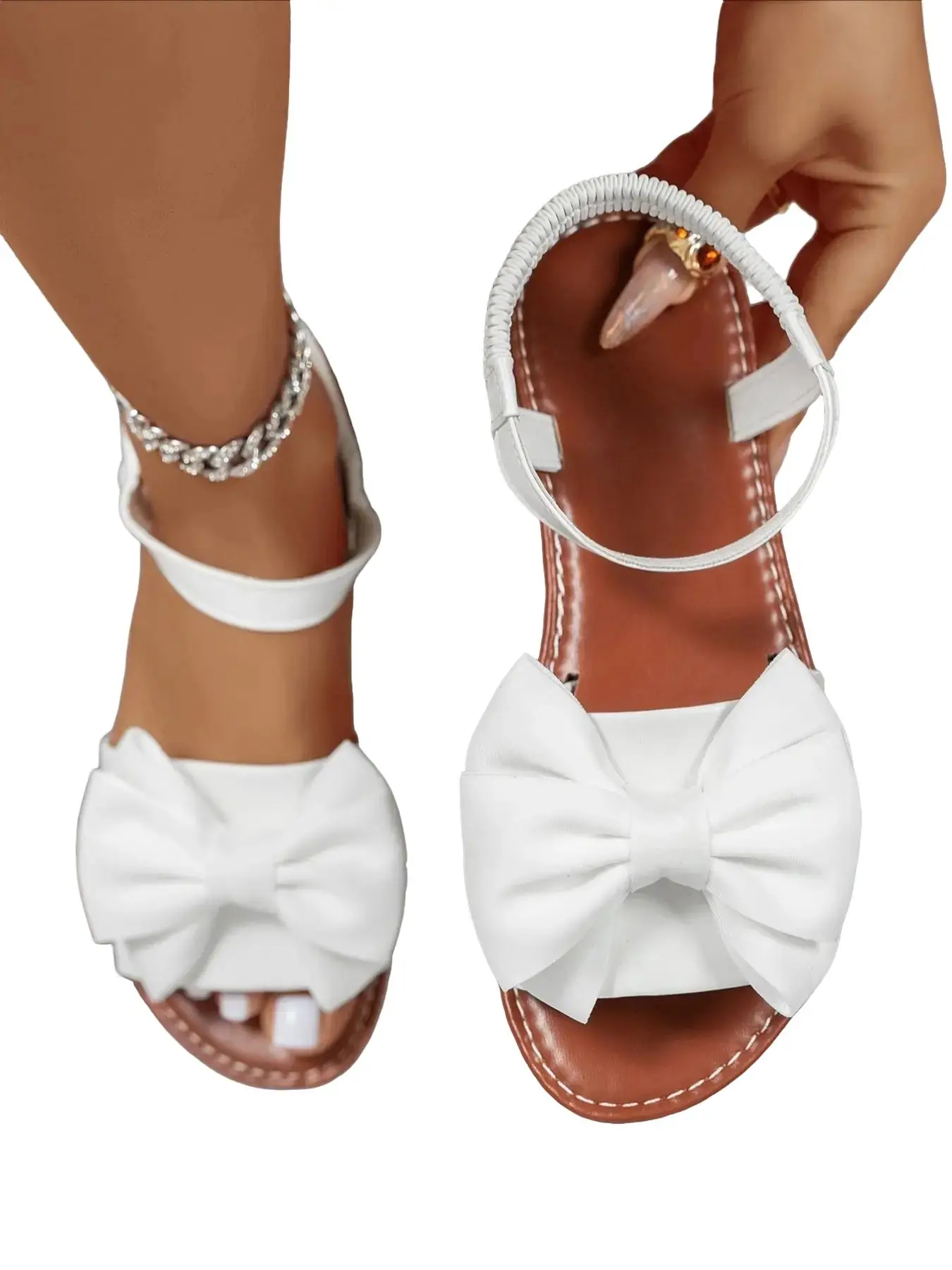 Women's Cute Bowknot Design Lightweight White Flat Sandals, Unique Trending Strap Sandals, Casual Comfortable Bow Decorated Sandals for Summer, All-ma