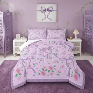 Coquette Purple Bow Comforter Set,Cute Bow Tie Floral Bedding Set for Nursery Kids | Bowknot Ribbons Wildflower Comforter Cottagecore Pastoral Style Quilt Farmhouse Room Decor